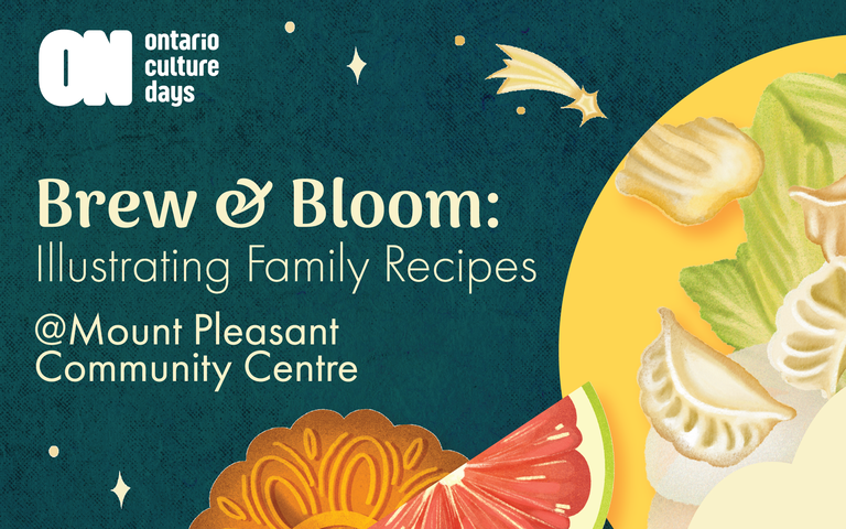 Program artwork for Brew & Bloom workshop on a teal background and illustrations of dumplings, mooncake and pomelo fruit.