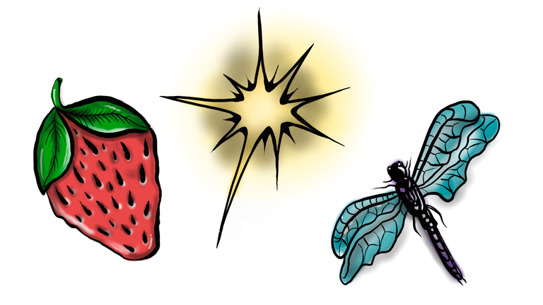 From right to left: a red strawberry, yellow star and blue dragonfly