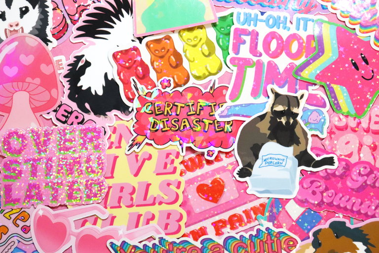 Brightly coloured sticker collage