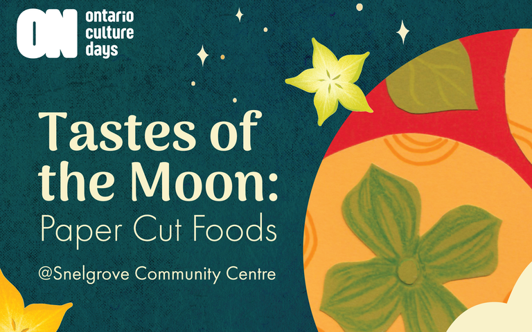 Program artwork for Tastes of the Moon workshop featuring a dark teal background and a photo of paper cut art of a persimmon fruit.