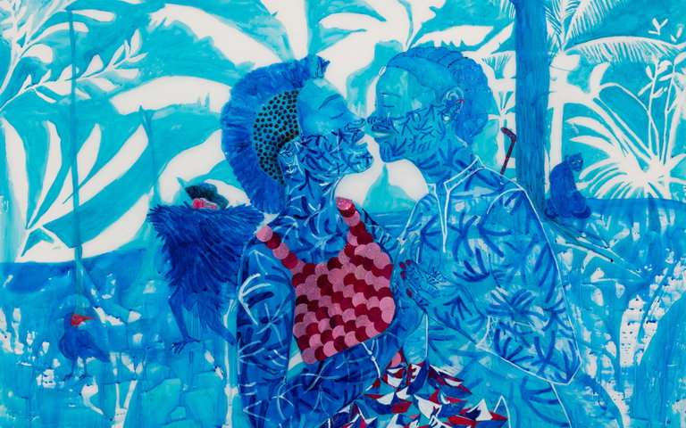 A blue painting of a couple kissing, with wild life, another figure, a puma, and a bird in the background.