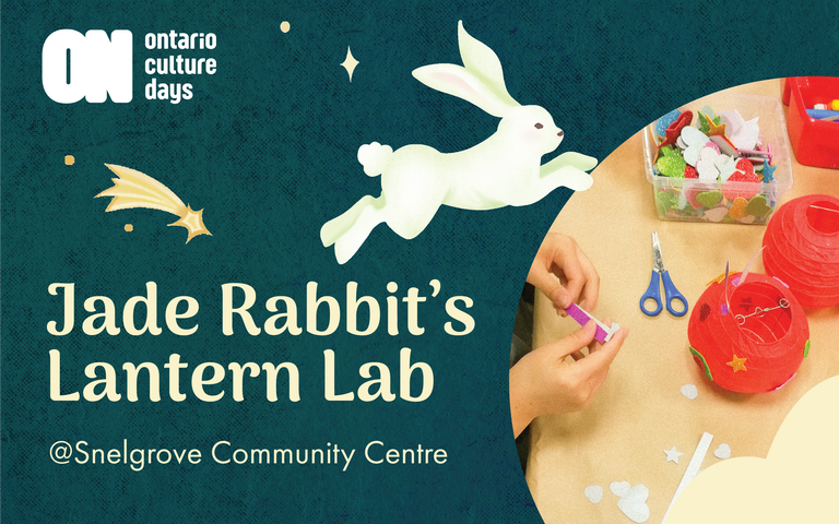 Program artwork for Jade Rabbit's Lantern Lab on a dark teal background, a photo of a person making a red lantern and an illustration of a rabbit hopping.