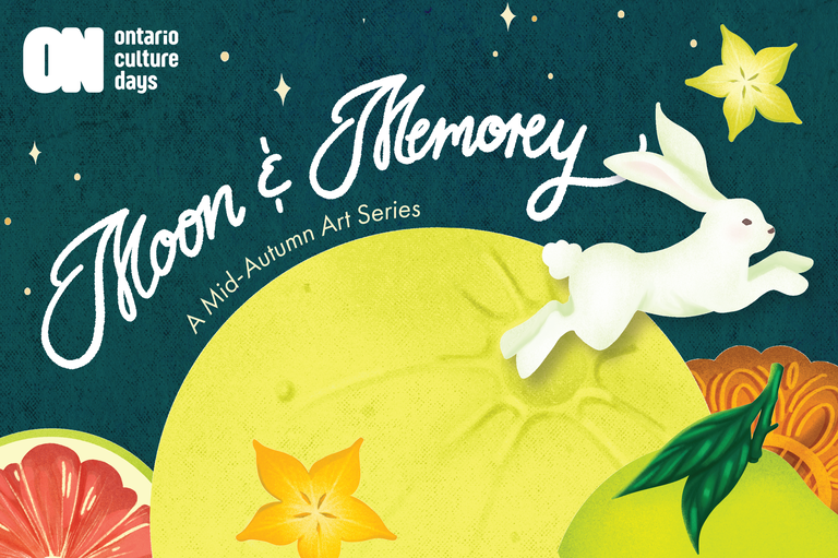 Program artwork for Moon & Memory Art Series with an illustration of a Rabbit jumping over a moon and lucky foods.