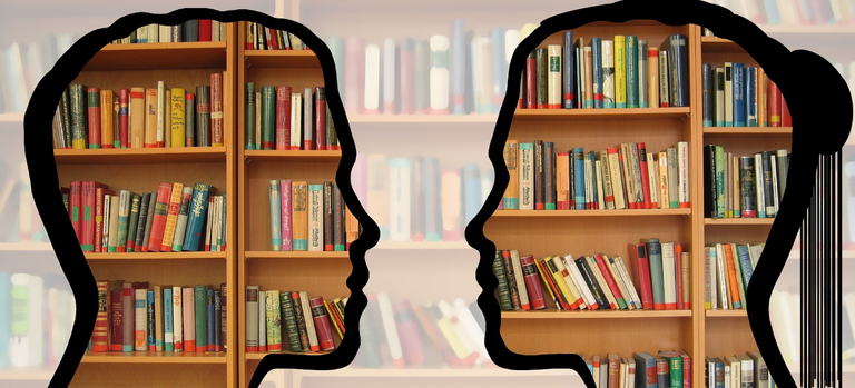 Transparent silhouettes of two people in conversation superimposed over shelves of books.