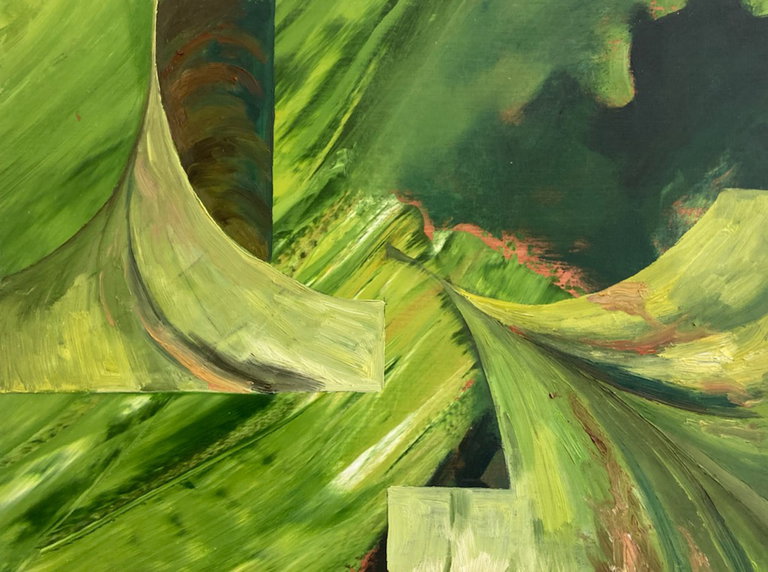 Single panel detail painted in greens, with funnel-shaped curves and rectangular geometries rendered with visible brushstrokes; darker green areas appear to recede, creating a sense of volume and space