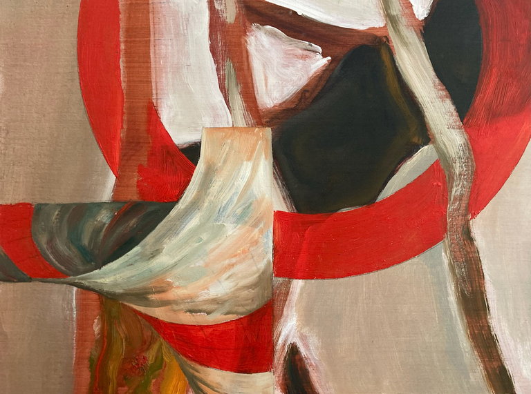 Single panel detail with brushy cream-coloured swells and hard-edged red curves interspersed with meandering strokes in brick reds and browns