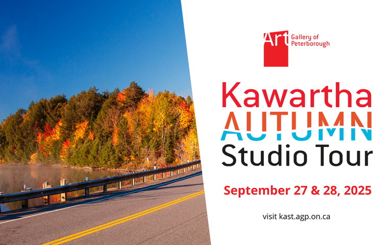 Split image with half showing a fall landscape along a roadway and the other half with the logos for both the Art Gallery of Peterborough and Kawartha Autumn Studio Tour with text that says: September 27 & 28, 2025, visit kast.agp.on.ca