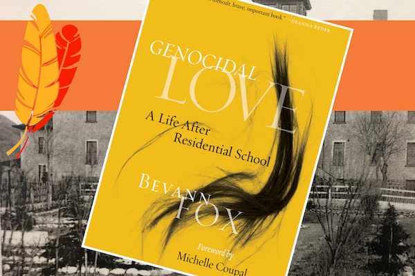 book cover with an old photo of a residential school in the background