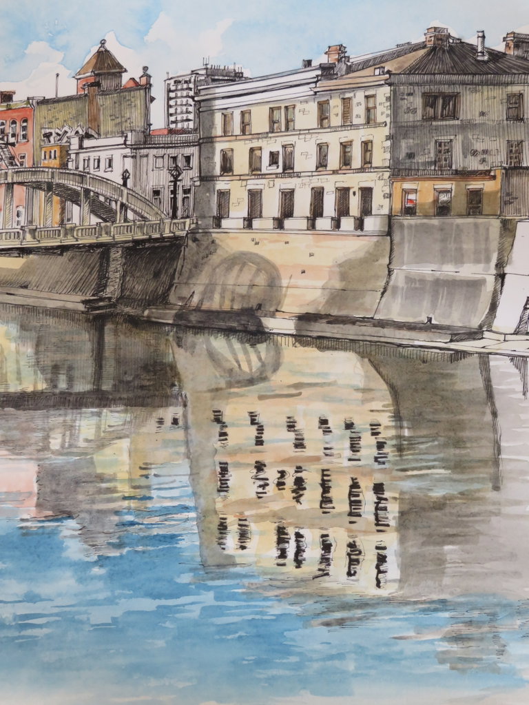 Ink and watercolour of buildings reflected on the River