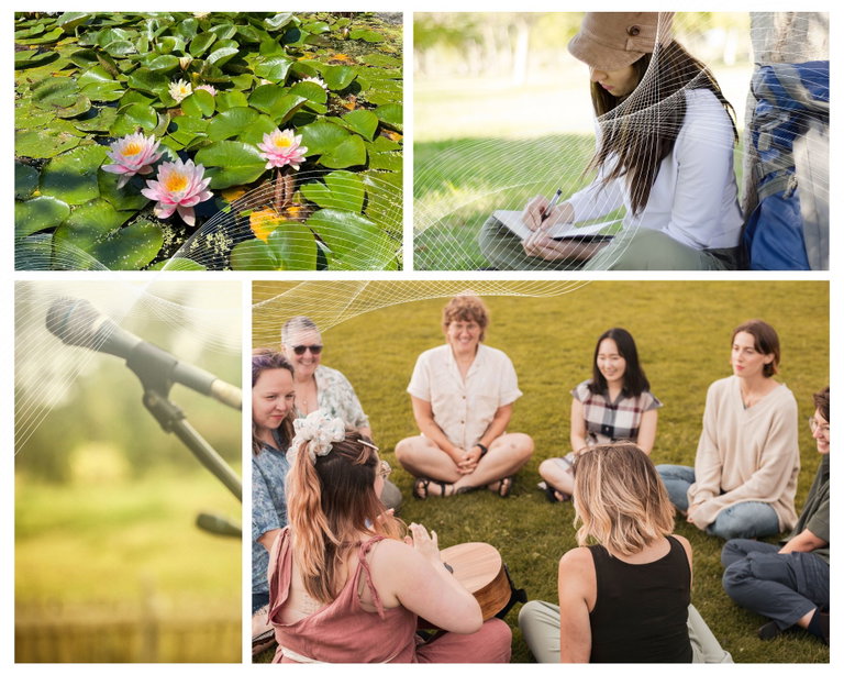 A collage featuringn a flowering lotus pond, a person writing outdoors in a journal, a microphone in nature, and a group of smiling women and non binary people being led by a person with a guitar
