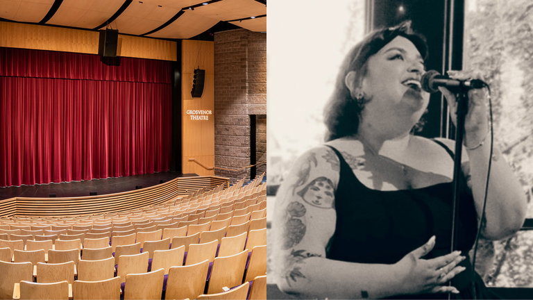 Grosvenor Theatre stage with a red velvet curtain and Pressley Murillo singing into a microphone