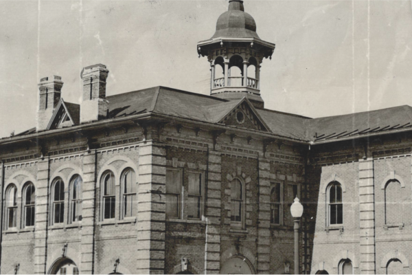 black and white crinkled photo of Orangeville Town Hall