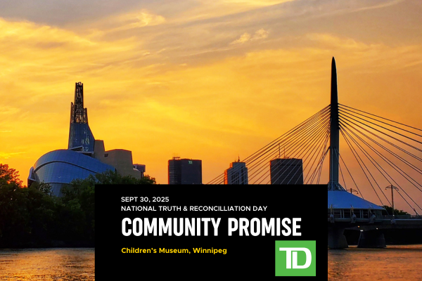 Sunset skyline of Winnipeg CMHR and Riel Bridge