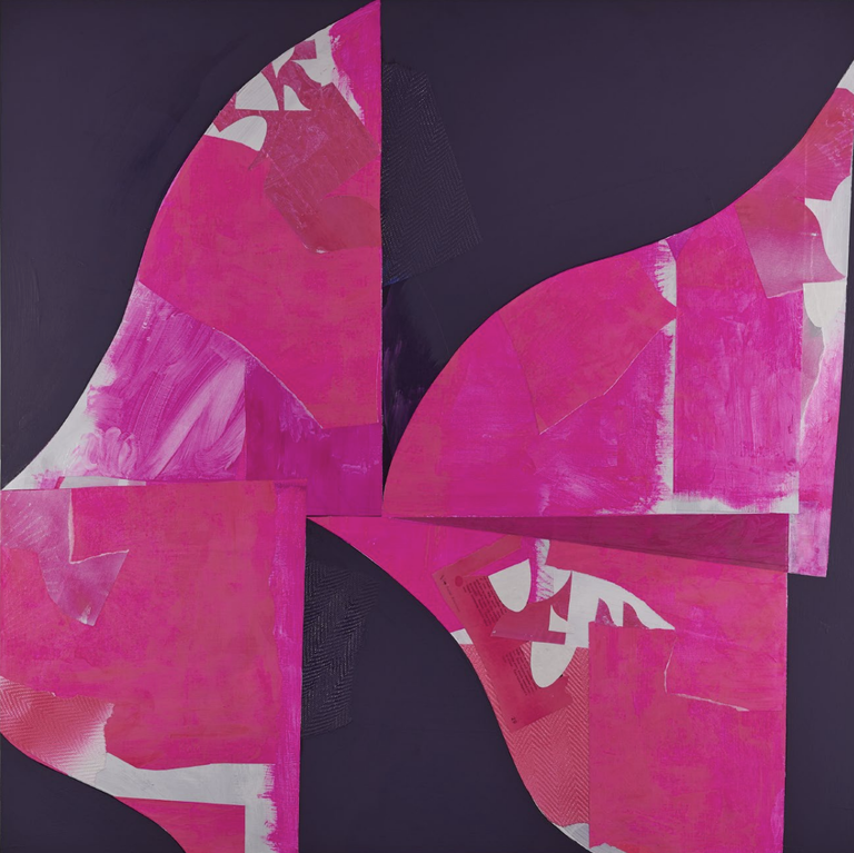 Abstract painting with bright pink shapes on dark purple background