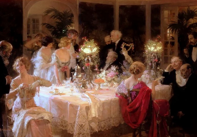 Painting of an elegantly dressed group seated at a formal dinner.
