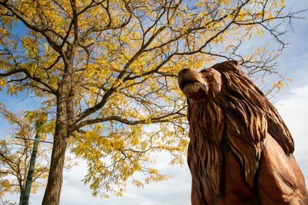 a wooden statue of a lion with a background of a tree in the fall and a blue sky