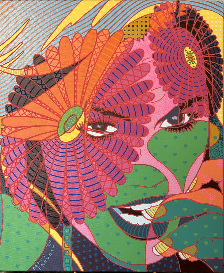 An acrylic painting of a face with patterned designs overtop in pinks, oranges, greens and yellows