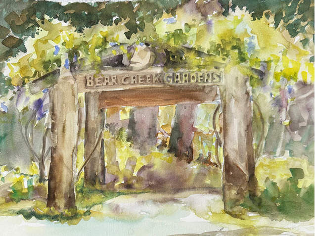 Watercolour painting of a garden in soft greens, browns, and yellows