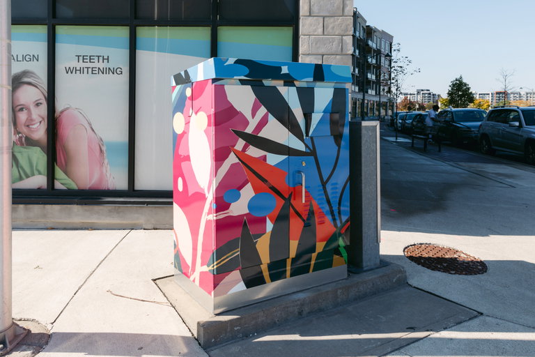 A traffic signal box wrapped in colorful vinyl pattern. The vinyl depicts various layers of leaves and grass, with pink, white, blue, red, and yellow as the main colour scheme.