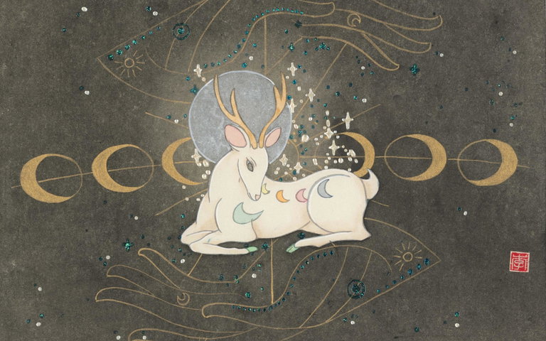 A surreal Chinese painting of a mythical white deer with moon phases, stars, and celestial motifs on a dark textured background