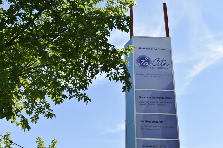 An image of a sign for La Cité Francophone in Edmonton with a blue sky in the background and a tree in the foreground.