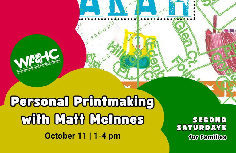 A brightly coloured image with text reading, "Personal printmaking with Matt McInnes"