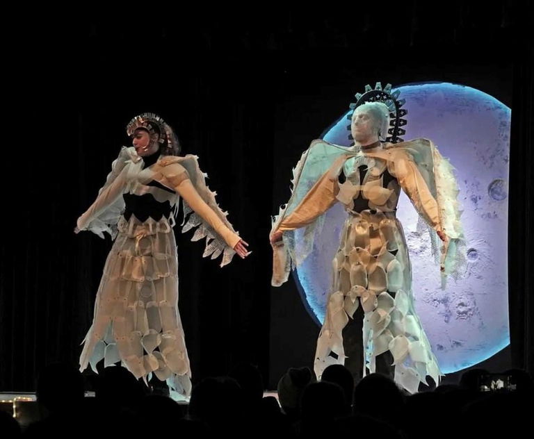 Image of two costumes made with unusual material