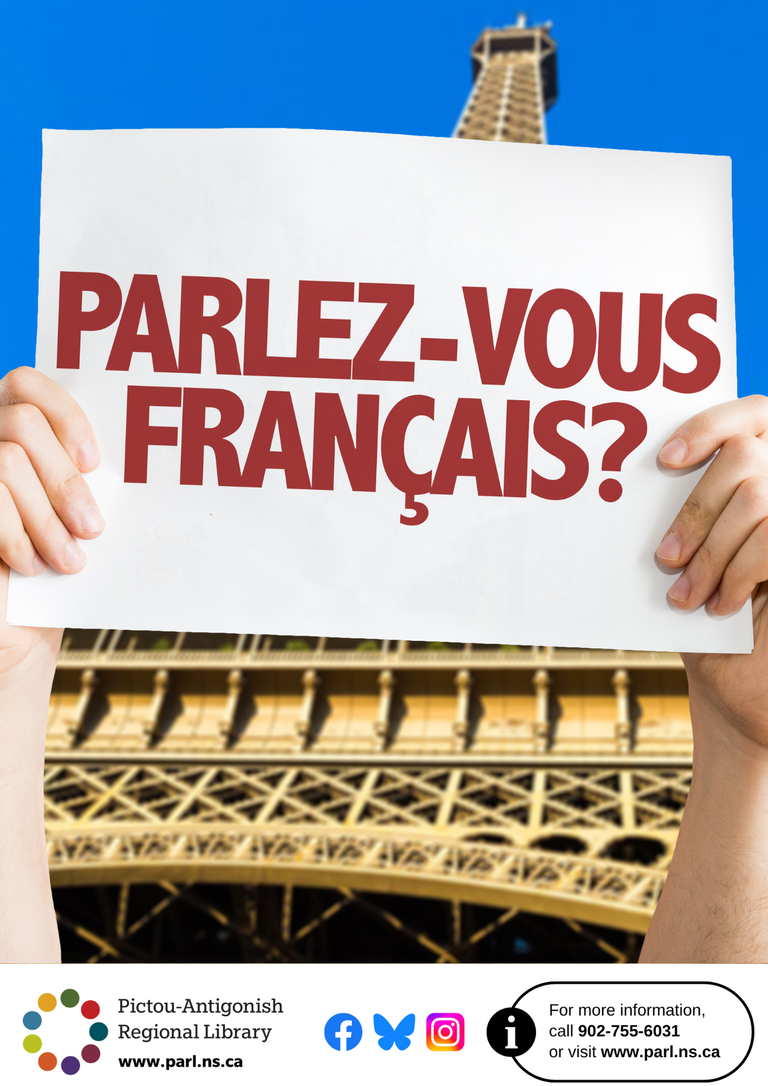 hands holding a sign - parlez vous francais, in the background is the Eiffel Tower