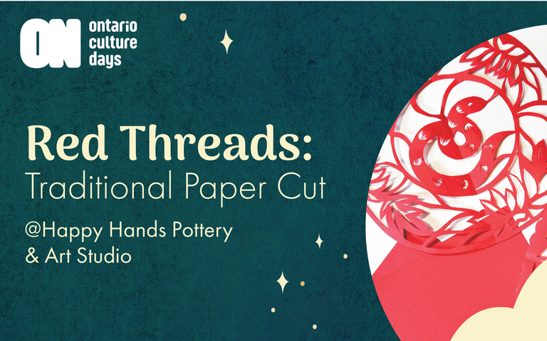 Program artwork for Red Threads workshop on a teal background and photo of Chinese paper cut art of a snake.