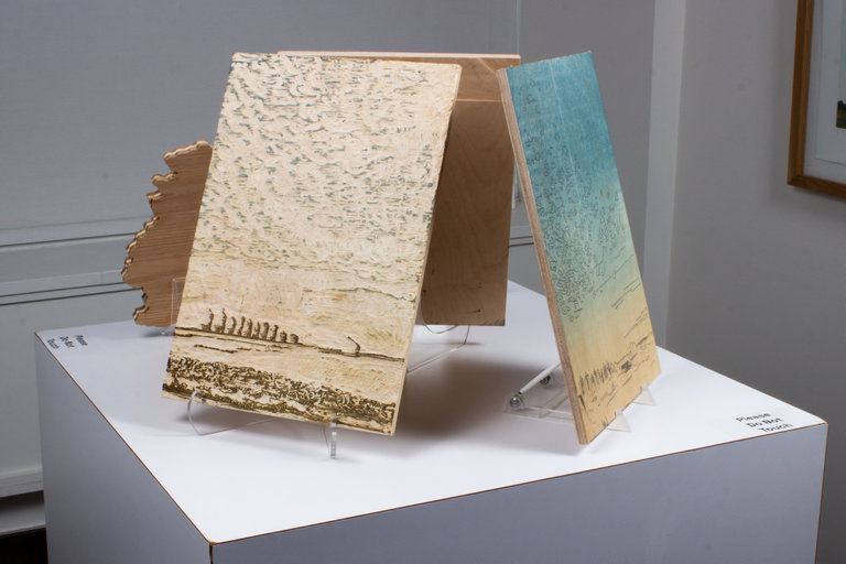 A photograph of a pedestal in an art gallery, holding a display of woodcut blocks used for printmaking.