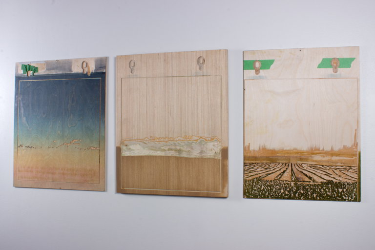 A photograph of the white wall of an art gallery, with three woodcut blocks used for printmaking hung side by side.