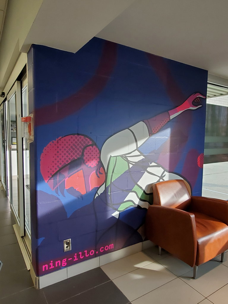An illustration of a speed skater printed on vinyl and displayed on a brick wall.