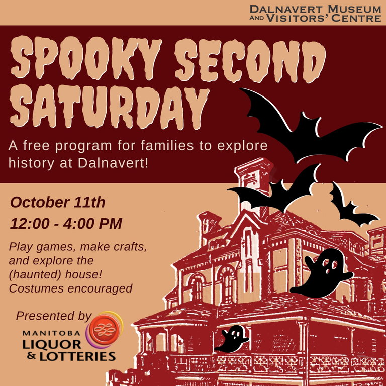 Spooky Second Saturday, a free program for families to explore history at Dalnavert. October 11, 12:00-4:00pm. Play games, make crafts, and explore the (haunted) house! Costumes encouraged