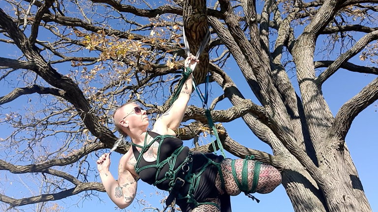 A blond genderfluid person is suspended sideways from an oak tree using a harness of dark green rope. The sky is clear and blue, and the tree behind them is brown and yellow.