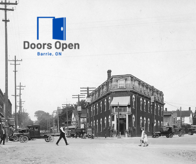 Old photo of the five points intersection featuring the Simcoe Hotel in downtown Barrie
