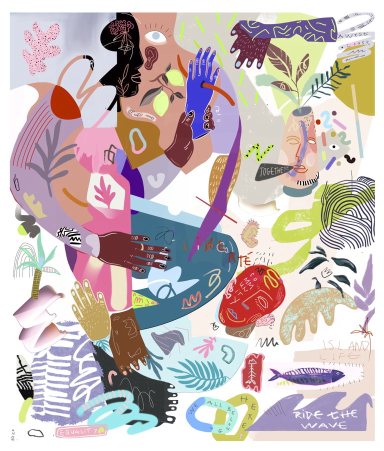 Colourful, digital illustration of shapes, hands, natural elements, words, and more.