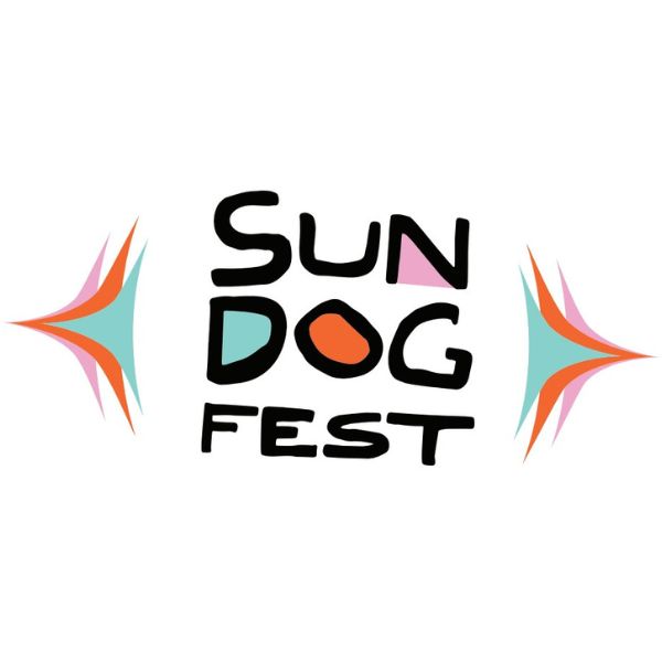 Sundog Festival Logo featuring sun bursts on the sides of the SUN DOG FEST logo in black, blues, oranges and pinks.