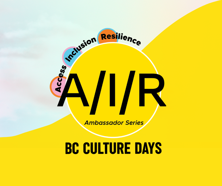 Info graphic with a circular logo and black text that says "A/I/R Ambassador Series. Access. Inclusion. Resilience." Solid yellow on one side and a rainbow image make up the background.
